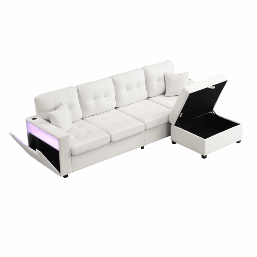 Sofá modular em L de 4 lugares, 253 cm u2013 pufe móvel com espaço de arrumação, braços com espaço de arrumação, portas de carregamento e luz LED u2013 bege Sofá modular em L de 4 lugares, 253 cm u2013 pufe móvel com espaço de arrumação, braços com espaço de arrumação, portas de carregamento e luz LED u2013 bege