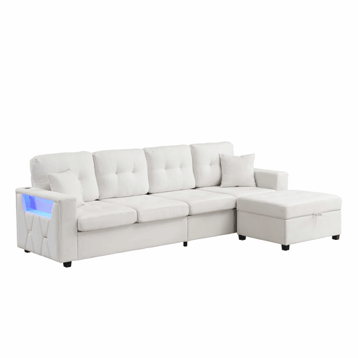 Sofá modular em L de 4 lugares, 253 cm u2013 pufe móvel com espaço de arrumação, braços com espaço de arrumação, portas de carregamento e luz LED u2013 bege Sofá modular em L de 4 lugares, 253 cm u2013 pufe móvel com espaço de arrumação, braços com espaço de arrumação, portas de carregamento e luz LED u2013 bege