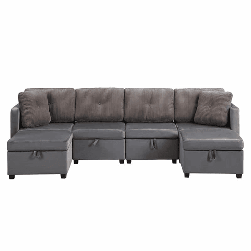 Sofá modular em U com 4 módulos u2013 com arrumação, transformável em sofá em L, cama e poltrona u2013 veludo e veludo cotelê em contraste Sofá modular em U com 4 módulos u2013 com arrumação, transformável em sofá em L, cama e poltrona u2013 veludo e veludo cotelê em contraste