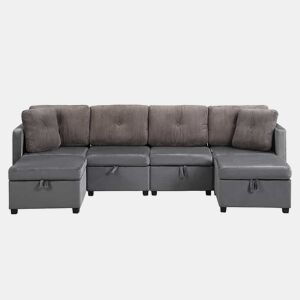 Sofá modular em U com 4 módulos u2013 com arrumação, transformável em sofá em L, cama e poltrona u2013 veludo e veludo cotelê em contraste