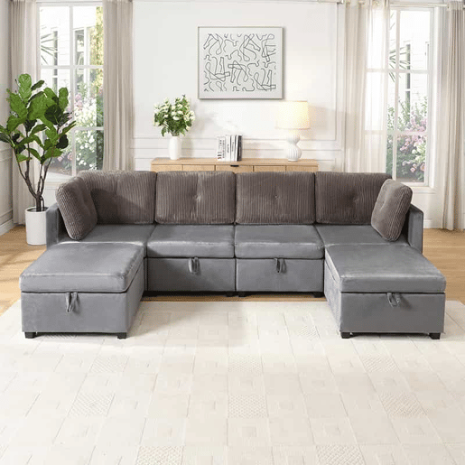 Sofá modular em U com 4 módulos u2013 com arrumação, transformável em sofá em L, cama e poltrona u2013 veludo e veludo cotelê em contraste Sofá modular em U com 4 módulos u2013 com arrumação, transformável em sofá em L, cama e poltrona u2013 veludo e veludo cotelê em contraste