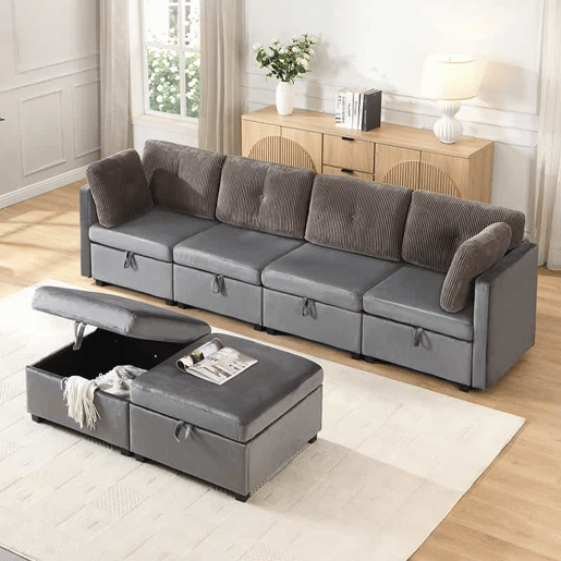 Sofá modular em U com 4 módulos u2013 com arrumação, transformável em sofá em L, cama e poltrona u2013 veludo e veludo cotelê em contraste Sofá modular em U com 4 módulos u2013 com arrumação, transformável em sofá em L, cama e poltrona u2013 veludo e veludo cotelê em contraste