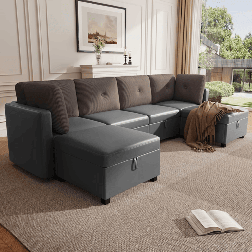 Sofá modular em U com 4 módulos u2013 com arrumação, transformável em sofá em L, cama e poltrona u2013 veludo e veludo cotelê em contraste Sofá modular em U com 4 módulos u2013 com arrumação, transformável em sofá em L, cama e poltrona u2013 veludo e veludo cotelê em contraste