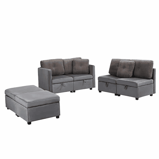 Sofá modular em U com 4 módulos u2013 com arrumação, transformável em sofá em L, cama e poltrona u2013 veludo e veludo cotelê em contraste Sofá modular em U com 4 módulos u2013 com arrumação, transformável em sofá em L, cama e poltrona u2013 veludo e veludo cotelê em contraste