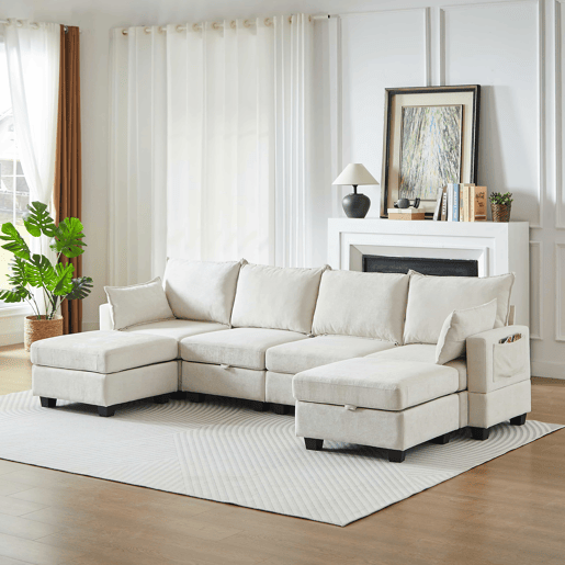 Sofá modular de 6 lugares - U, chaise longue, arrumação, chenille - Bege