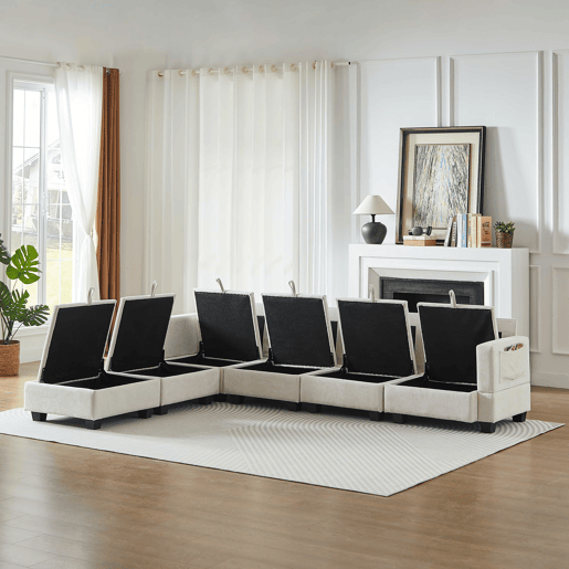 Sofá modular de 6 lugares - U, chaise longue, arrumação, chenille - Bege