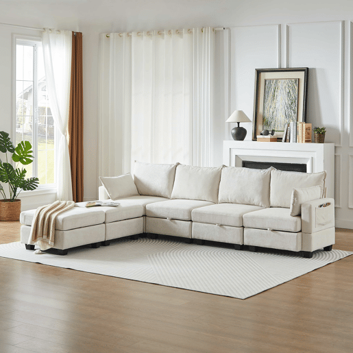 Sofá modular de 6 lugares - U, chaise longue, arrumação, chenille - Bege