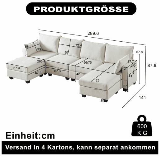 Sofá modular de 6 lugares - U, chaise longue, arrumação, chenille - Bege