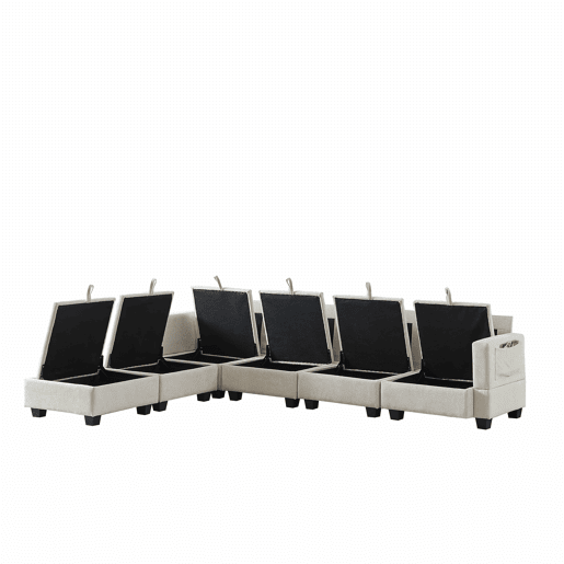 Sofá modular de 6 lugares - U, chaise longue, arrumação, chenille - Bege