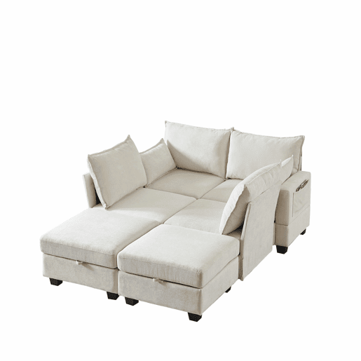 Sofá modular de 6 lugares - U, chaise longue, arrumação, chenille - Bege