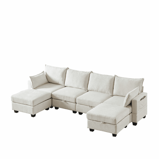 Sofá modular de 6 lugares - U, chaise longue, arrumação, chenille - Bege