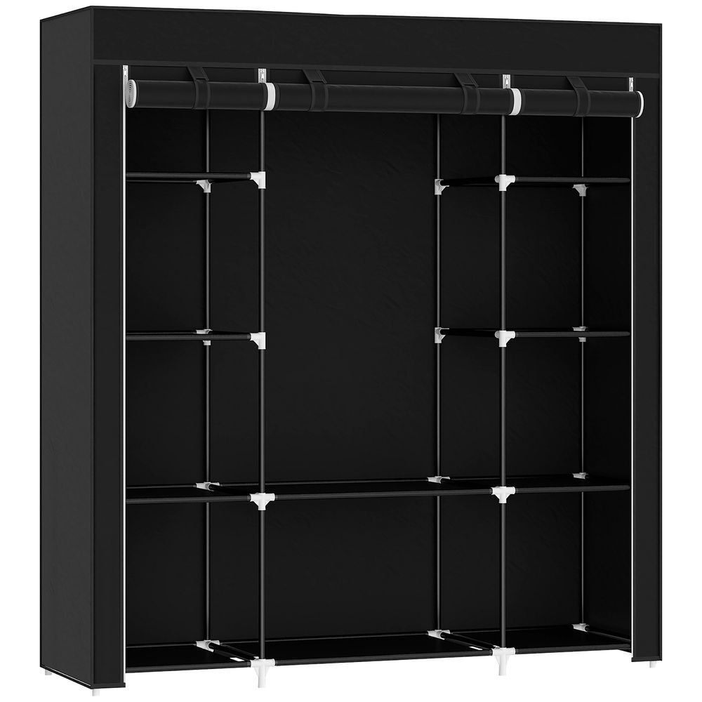 Homcom armario de tela, armario ropero con barra para colgar, 10 estantes abiertos, cremallera, cubierta y marco acero, fácil montaje para dormitorio, espacio pequeño, vestidor, 150x43x162,5 cm, negro