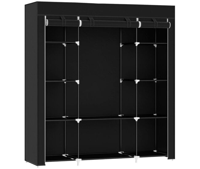 Homcom armario de tela, armario ropero con barra para colgar, 10 estantes abiertos, cremallera, cubierta y marco acero, fácil montaje para dormitorio, espacio pequeño, vestidor, 150x43x162,5 cm, negro