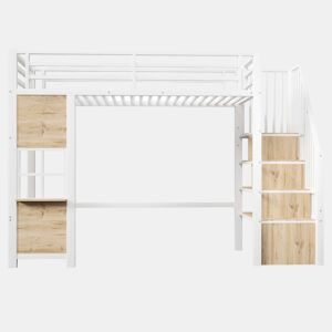 Cama alta 90 x 200 cm u2013 estrutura de ferro, escada com prateleiras, arrumação aberta e corrimão, sem colchão u2013 branco