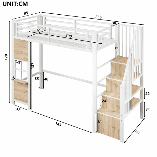 Cama alta 90 x 200 cm u2013 estrutura de ferro, escada com prateleiras, arrumação aberta e corrimão, sem colchão u2013 branco