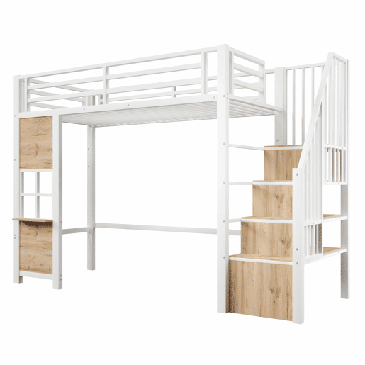 Cama alta 90 x 200 cm u2013 estrutura de ferro, escada com prateleiras, arrumação aberta e corrimão, sem colchão u2013 branco