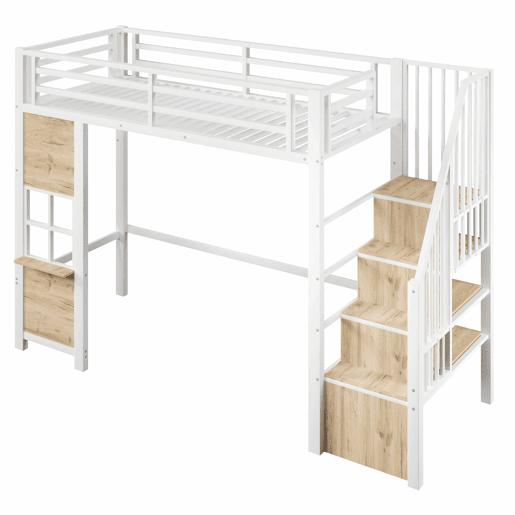 Cama alta 90 x 200 cm u2013 estrutura de ferro, escada com prateleiras, arrumação aberta e corrimão, sem colchão u2013 branco