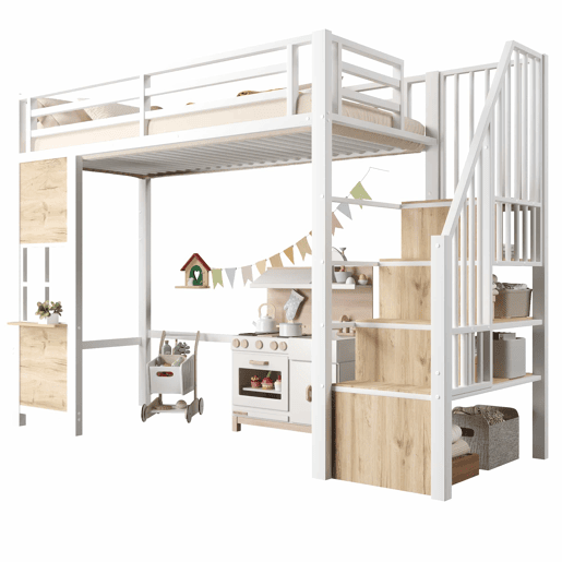 Cama alta 90 x 200 cm u2013 estrutura de ferro, escada com prateleiras, arrumação aberta e corrimão, sem colchão u2013 branco