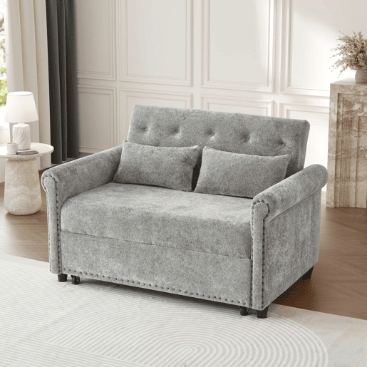Sofá-cama 3 em 1 de 2 lugares - extensível em chenille, com encosto ajustável e 2 almofadas - cinzento Sofá-cama 3 em 1 de 2 lugares - extensível em chenille, com encosto ajustável e 2 almofadas - cinzento