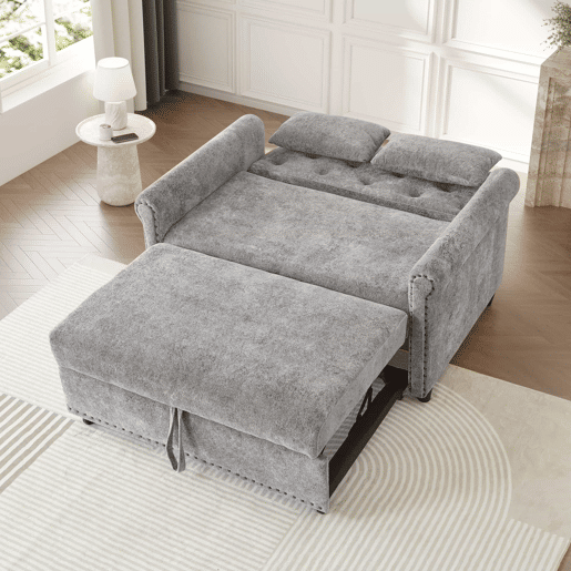 Sofá-cama 3 em 1 de 2 lugares - extensível em chenille, com encosto ajustável e 2 almofadas - cinzento Sofá-cama 3 em 1 de 2 lugares - extensível em chenille, com encosto ajustável e 2 almofadas - cinzento