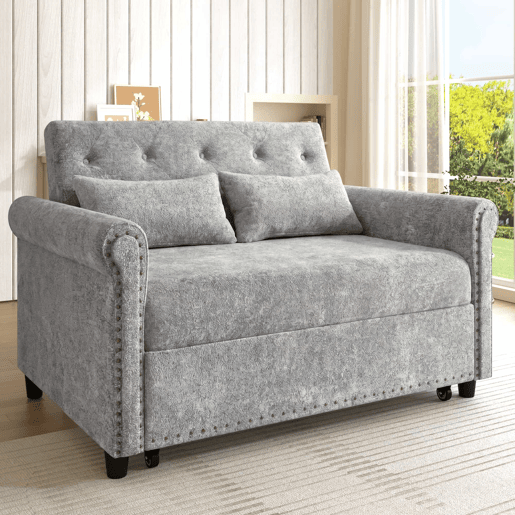 Sofá-cama 3 em 1 de 2 lugares - extensível em chenille, com encosto ajustável e 2 almofadas - cinzento Sofá-cama 3 em 1 de 2 lugares - extensível em chenille, com encosto ajustável e 2 almofadas - cinzento