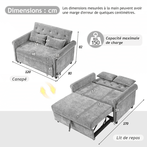 Sofá-cama 3 em 1 de 2 lugares - extensível em chenille, com encosto ajustável e 2 almofadas - cinzento Sofá-cama 3 em 1 de 2 lugares - extensível em chenille, com encosto ajustável e 2 almofadas - cinzento