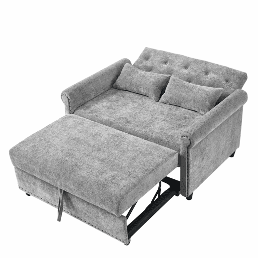 Sofá-cama 3 em 1 de 2 lugares - extensível em chenille, com encosto ajustável e 2 almofadas - cinzento Sofá-cama 3 em 1 de 2 lugares - extensível em chenille, com encosto ajustável e 2 almofadas - cinzento