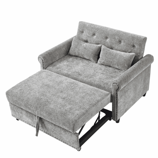 Sofá-cama 3 em 1 de 2 lugares - extensível em chenille, com encosto ajustável e 2 almofadas - cinzento Sofá-cama 3 em 1 de 2 lugares - extensível em chenille, com encosto ajustável e 2 almofadas - cinzento