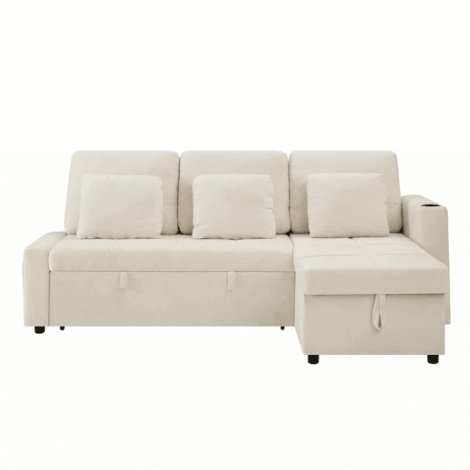 Sofá-cama de 3 lugares u2013 extensível, em chenilla, com baú, prateleira e porta-copos u2013 bege claro Sofá-cama de 3 lugares u2013 extensível, em chenilla, com baú, prateleira e porta-copos u2013 bege claro
