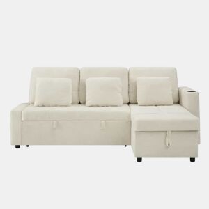 Sofá-cama de 3 lugares u2013 extensível, em chenilla, com baú, prateleira e porta-copos u2013 bege claro