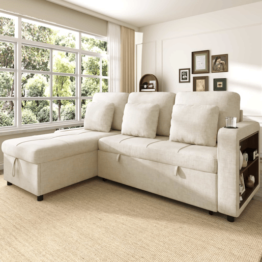Sofá-cama de 3 lugares u2013 extensível, em chenilla, com baú, prateleira e porta-copos u2013 bege claro Sofá-cama de 3 lugares u2013 extensível, em chenilla, com baú, prateleira e porta-copos u2013 bege claro