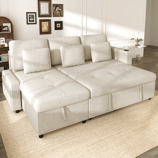 Sofá-cama de 3 lugares u2013 extensível, em chenilla, com baú, prateleira e porta-copos u2013 bege claro Sofá-cama de 3 lugares u2013 extensível, em chenilla, com baú, prateleira e porta-copos u2013 bege claro