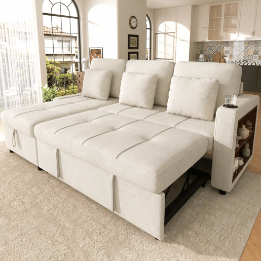 Sofá-cama de 3 lugares u2013 extensível, em chenilla, com baú, prateleira e porta-copos u2013 bege claro Sofá-cama de 3 lugares u2013 extensível, em chenilla, com baú, prateleira e porta-copos u2013 bege claro