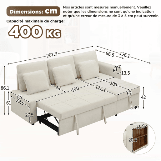 Sofá-cama de 3 lugares u2013 extensível, em chenilla, com baú, prateleira e porta-copos u2013 bege claro Sofá-cama de 3 lugares u2013 extensível, em chenilla, com baú, prateleira e porta-copos u2013 bege claro
