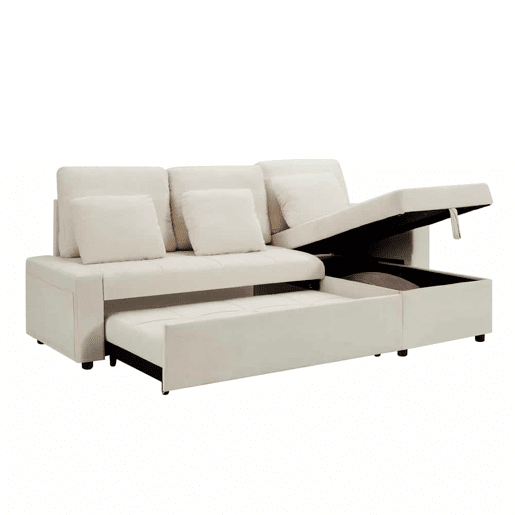 Sofá-cama de 3 lugares u2013 extensível, em chenilla, com baú, prateleira e porta-copos u2013 bege claro Sofá-cama de 3 lugares u2013 extensível, em chenilla, com baú, prateleira e porta-copos u2013 bege claro