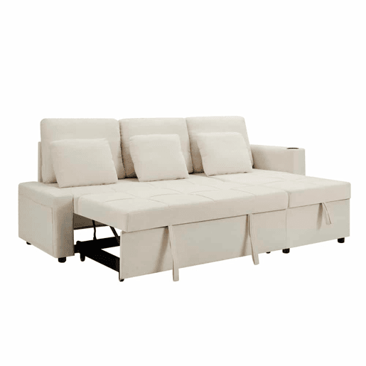 Sofá-cama de 3 lugares u2013 extensível, em chenilla, com baú, prateleira e porta-copos u2013 bege claro Sofá-cama de 3 lugares u2013 extensível, em chenilla, com baú, prateleira e porta-copos u2013 bege claro