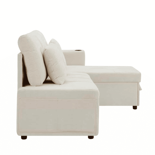 Sofá-cama de 3 lugares u2013 extensível, em chenilla, com baú, prateleira e porta-copos u2013 bege claro Sofá-cama de 3 lugares u2013 extensível, em chenilla, com baú, prateleira e porta-copos u2013 bege claro
