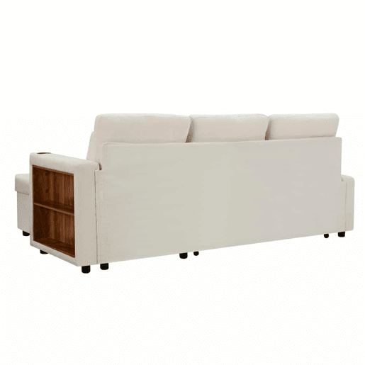 Sofá-cama de 3 lugares u2013 extensível, em chenilla, com baú, prateleira e porta-copos u2013 bege claro Sofá-cama de 3 lugares u2013 extensível, em chenilla, com baú, prateleira e porta-copos u2013 bege claro