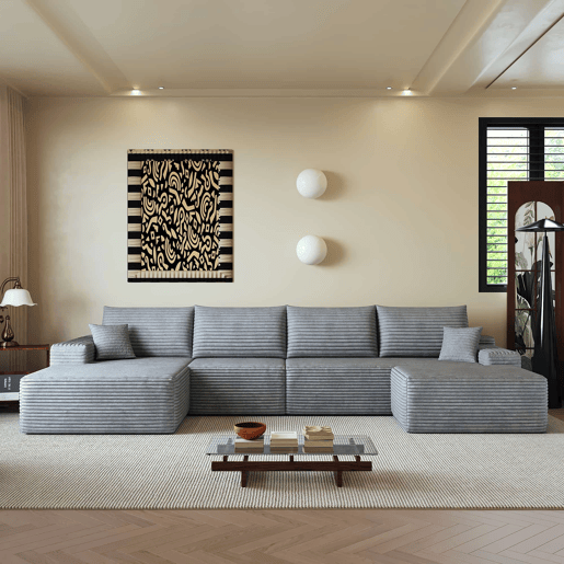 Sofá modular de canto de 340 cm - chaise longue em L, assento profundo, modular compacto - Cinzento Sofá modular de canto de 340 cm - chaise longue em L, assento profundo, modular compacto - Cinzento