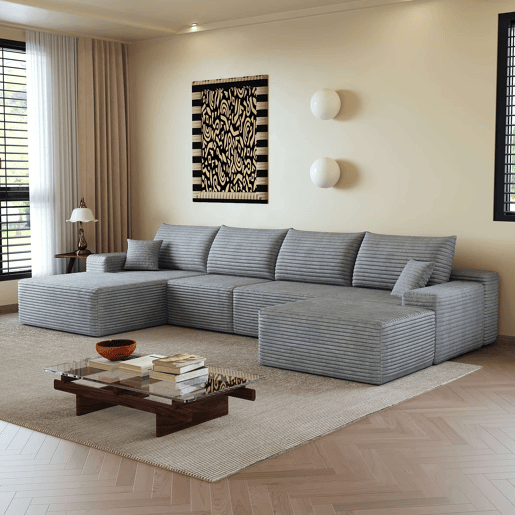 Sofá modular de canto de 340 cm - chaise longue em L, assento profundo, modular compacto - Cinzento Sofá modular de canto de 340 cm - chaise longue em L, assento profundo, modular compacto - Cinzento