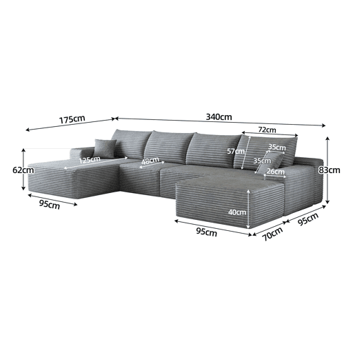 Sofá modular de canto de 340 cm - chaise longue em L, assento profundo, modular compacto - Cinzento Sofá modular de canto de 340 cm - chaise longue em L, assento profundo, modular compacto - Cinzento