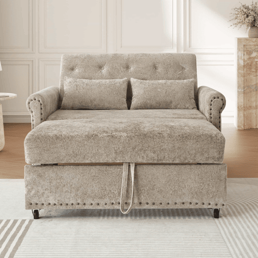 Sofá-cama 3 em 1 de 2 lugares u2013 extensível em chenille, com encosto ajustável e 2 almofadas u2013 cinzento-castanho Sofá-cama 3 em 1 de 2 lugares u2013 extensível em chenille, com encosto ajustável e 2 almofadas u2013 cinzento-castanho