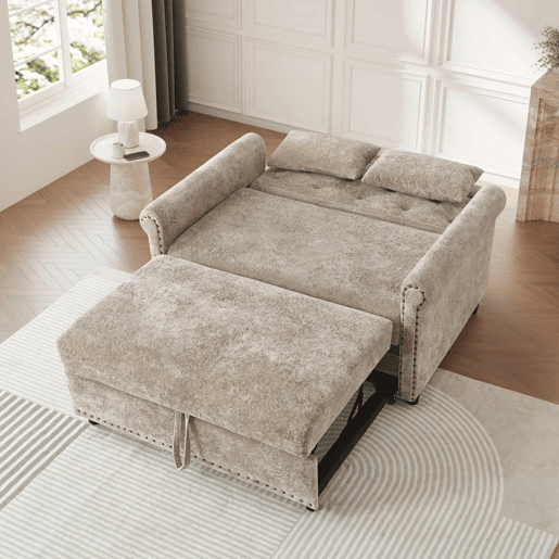 Sofá-cama 3 em 1 de 2 lugares u2013 extensível em chenille, com encosto ajustável e 2 almofadas u2013 cinzento-castanho Sofá-cama 3 em 1 de 2 lugares u2013 extensível em chenille, com encosto ajustável e 2 almofadas u2013 cinzento-castanho