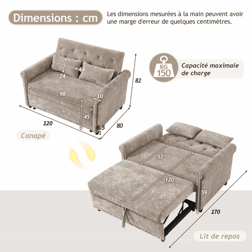 Sofá-cama 3 em 1 de 2 lugares u2013 extensível em chenille, com encosto ajustável e 2 almofadas u2013 cinzento-castanho Sofá-cama 3 em 1 de 2 lugares u2013 extensível em chenille, com encosto ajustável e 2 almofadas u2013 cinzento-castanho