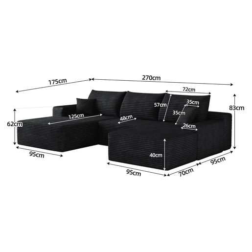 Sofá modular de canto de 270 cm, 3 lugares u2013 chaise longue em L, assento profundo u2013 preto
