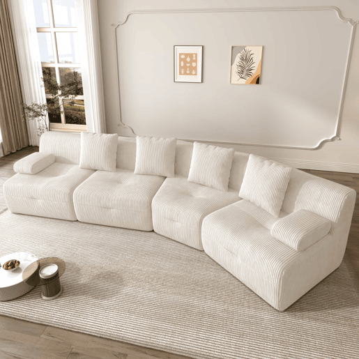 Sofá modular de 4 lugares u2013 módulos combináveis em veludo cotelê, de alta resiliência e com capacidade para 400 kg u2013 bege claro Sofá modular de 4 lugares u2013 módulos combináveis em veludo cotelê, de alta resiliência e com capacidade para 400 kg u2013 bege claro