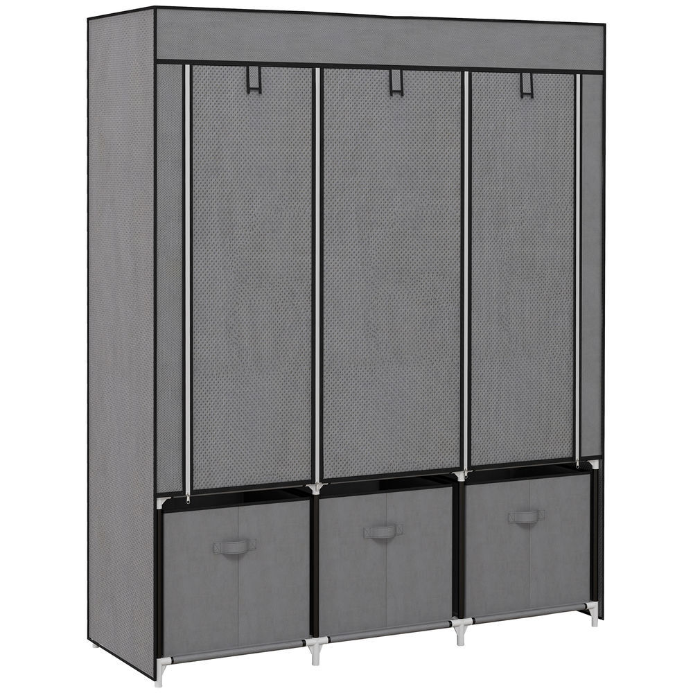 Homcom armario de tela, armario ropero con 2 barras, 5 estantes abiertos, 3 cajones, cremallera, marco de acero, para dormitorio, espacio pequeño, vestidor, 125x43x162,5 cm, gris oscuro