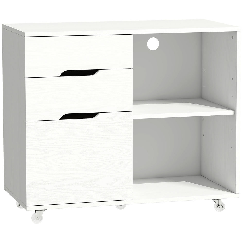 Homcom mueble para impresora con ruedas, mesa para impresora con 3 cajones, barra ajustable, 2 estantes abiertos y asas, para documentos tamaño a4, carta, archivador móvil para oficina en casa, blanco