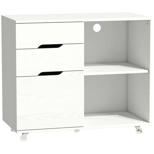 HOMCOM Móvel para Impressora com Rodas, 3 Gavetas, Barra Ajustável, 2 Prateleiras Abertas e Puxadores, para Documentos A4 e Letter, Arquivo Móvel para Escritório em Casa, Branco HOMCOM Móvel para Impressora com Rodas, 3 Gavetas, Barra Ajustável, 2 Prateleiras Abertas e Puxadores, para Documentos A4 e Letter, Arquivo Móvel para Escritório em Casa, Branco