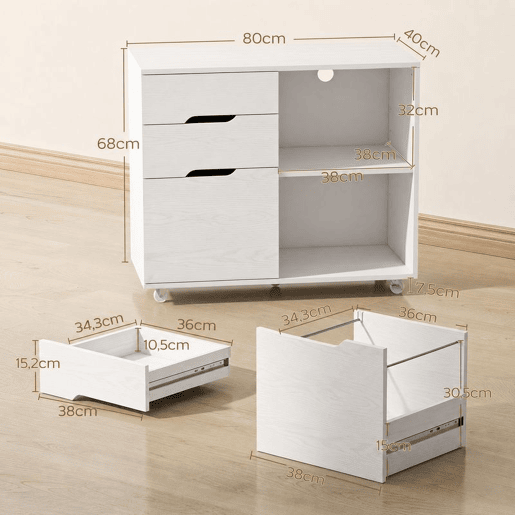 HOMCOM Móvel para Impressora com Rodas, 3 Gavetas, Barra Ajustável, 2 Prateleiras Abertas e Puxadores, para Documentos A4 e Letter, Arquivo Móvel para Escritório em Casa, Branco HOMCOM Móvel para Impressora com Rodas, 3 Gavetas, Barra Ajustável, 2 Prateleiras Abertas e Puxadores, para Documentos A4 e Letter, Arquivo Móvel para Escritório em Casa, Branco